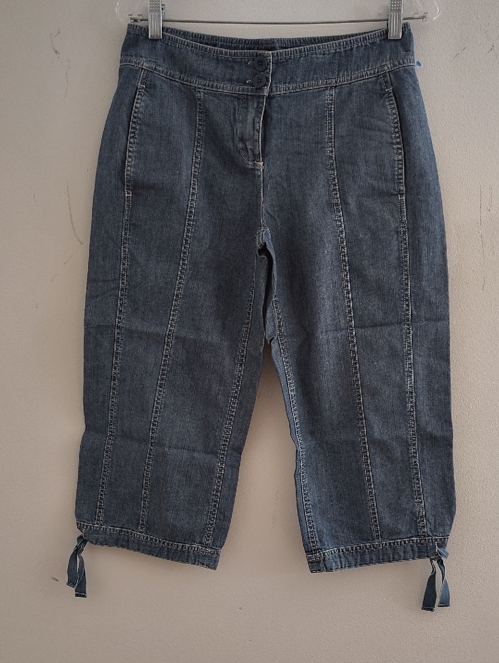 New York & Company Dark Blue Cropped Denim Capris with Tie Hems